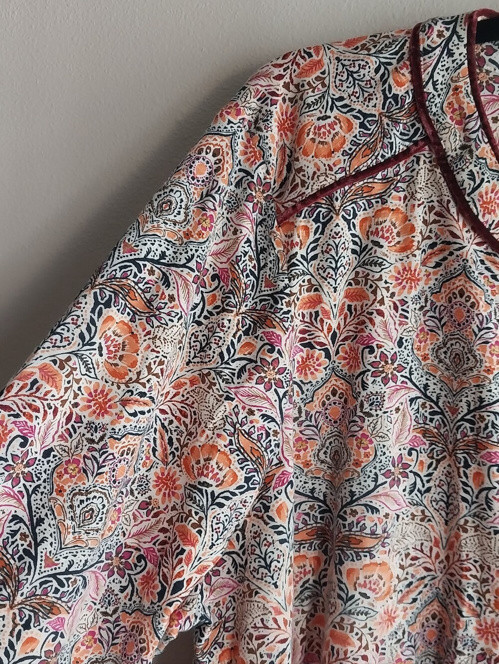 J. Jill Multicolor Dark Botanical Floral Cotton Modal Velvet Trim Popover Top - Picture 5 of 8